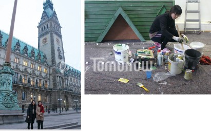 ▲ 왼쪽: 함부르크 시청 청사 앞에서. 신르네상스 양식으로 지어진 것으로 유명하다. 오른쪽: 무대에 쓸 소품과 건물모형을 만드느라 분주한 모습.