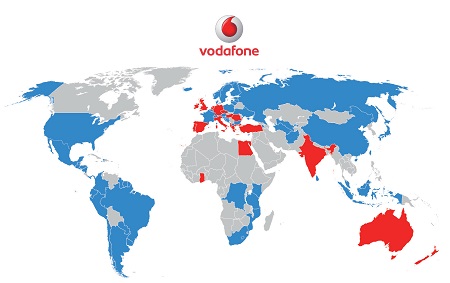 보다폰Vodafone Group Plc은 영국의 이동 통신 사업자 중 하나로, 매출액상 전 세계 1위의 이동통신 사업자이다. 현재31개국에서 사업 중이며, 40개국의 통신사와 협력 중이다. 지도에서 빨간색이 보다폰 직영 서비스국이고 파란색이 보다폰 제휴 서비스국이다.