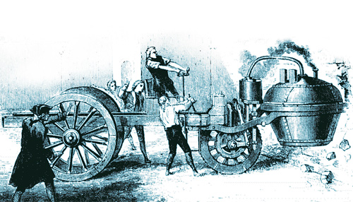 1769년에 프랑스 공병장교 ‘니콜라스 조세프 퀴뇨’가 대포를 운반할 목적으로 제작한 증기 자동차가 최초의 자동차로 불린다. 시속 5킬로미터로 움직였으며 방향 전환이 어려웠고 브레이크가 없어서 벽을 들이받는 사고를 일으키고 멈춰섰다.