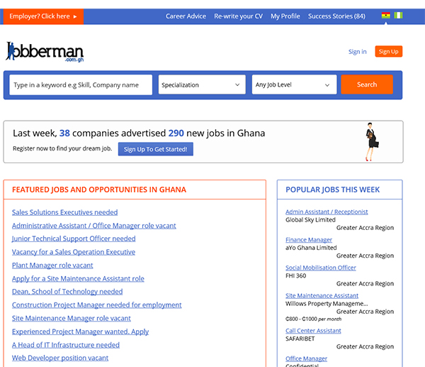 현지 인기 구직 사이트 중 하나인 Jobberman Ghana. 가나에서는 대부분 구인·구직은 온라인 사이트를 통해 이루어지고, 일부만이 신문, 라디오 등 미디어를 통해 이루어지고 있다. (사진 Jobberman Ghana)