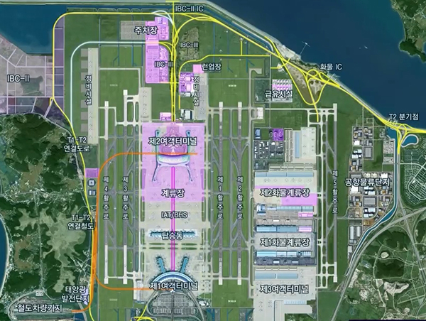 인천공항 제1터미널 및 1월 18일 정식 개항하는 인천공항 제 2터미널의 위치.(이미지 인천공항 홍보자료)