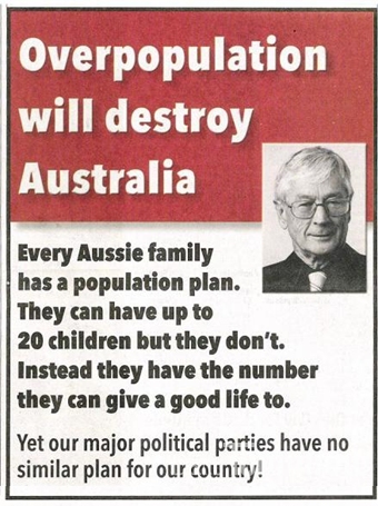 호주의 기업인 딕 스미스 씨가 호주 주요 일간지에 대대적으로 게재하고 있는 인구 증가 반대 광고.ⓒ홍성준 글로벌리포터