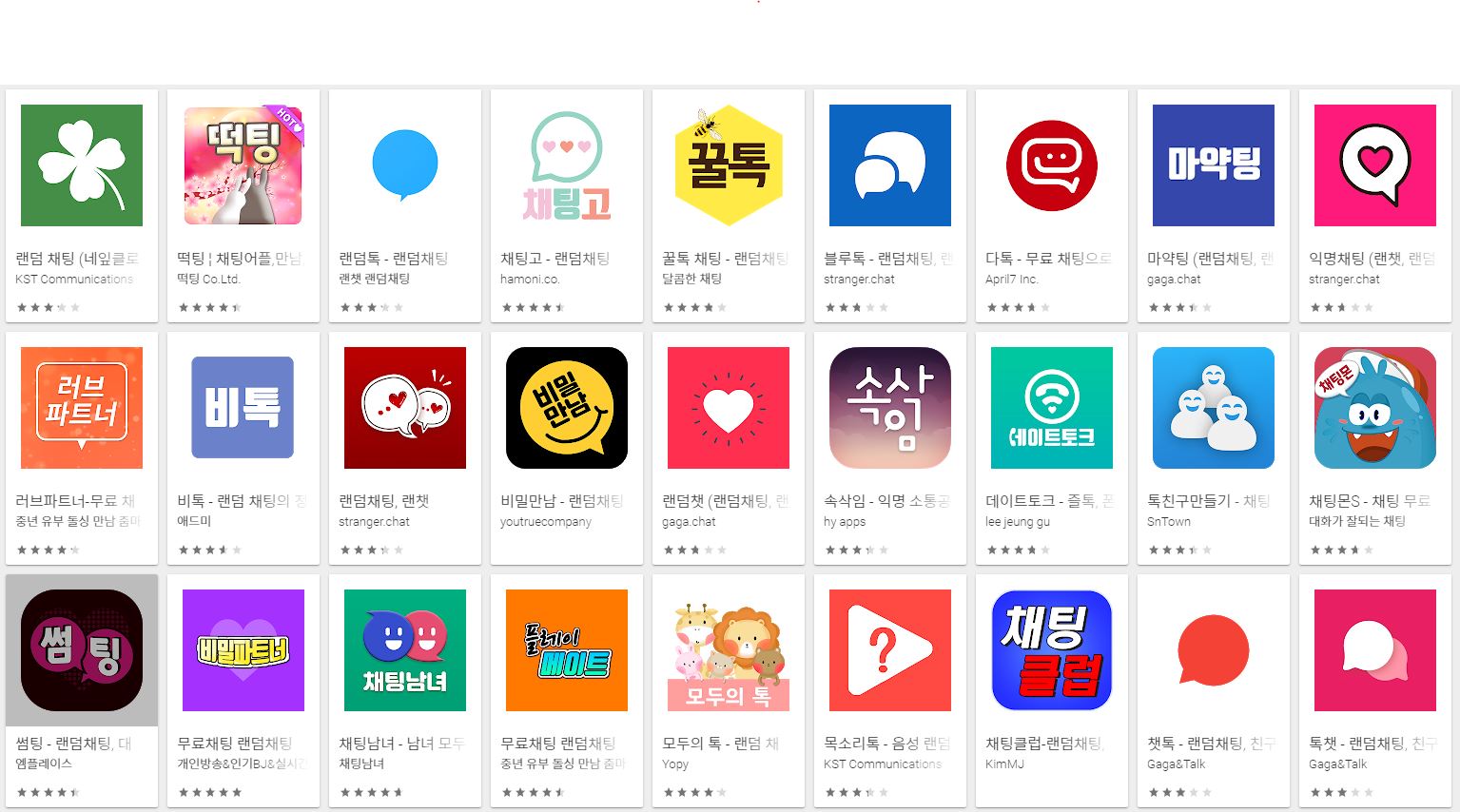 구글 플레이스토어에 검색된 '랜덤채팅'앱은 총 250개에 달했다.