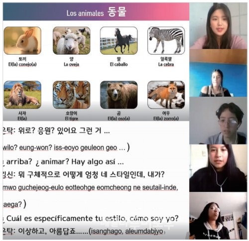 온라인으로 한국어 수업을 진행하는 모습. 한국 드라마를 좋아하는 친구들에게 드라마 '도깨비' 대본으로 수업을 진행했다