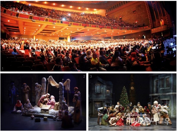 1. 그라시아스 합창단의 크리스마스 칸타타에 참석한 관객들의 모습. 2. 1막 오페라 중 예수 탄생 장면. 3. 2막 뮤지컬 중 온 가족이 할아버지의 이야기에 귀를 기울이고 있는 장면.