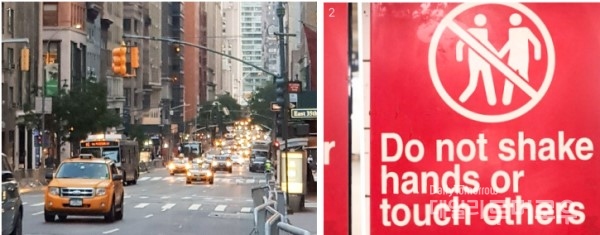 1. 맨해튼의 노란택시와 둥둥 떠 있는 듯한 노란색 신호등이 경쾌한 거리 분위기를 만들고 있다. 사진 필자 제공. 2. 영어를 잘 모르는 사람에게도 정보가 잘 전달되도록 픽토그램을 이용한 길거리 안내표지판. 사진 @untappedcities