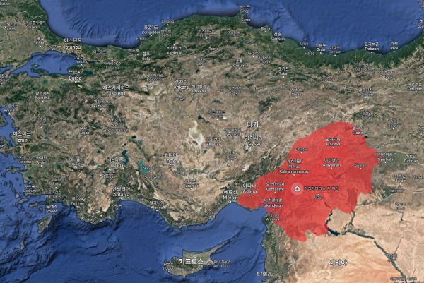 6일, 지진이 발생한 터키 남부 카흐라만마라쉬 지역 (이미지 구글맵)