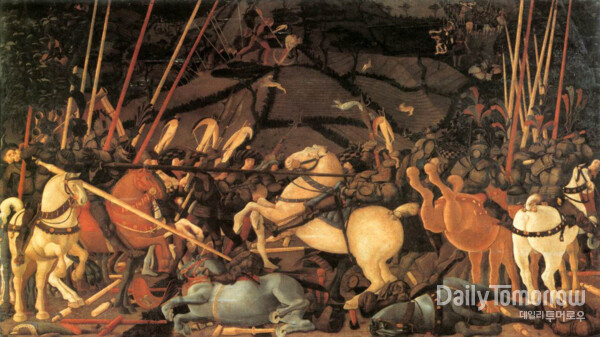파올로 우첼로, ‘산 로마노 전투-베르나르디노 델라 치아르다가 창에 찔리다’, 1438년, 목제판, 182×320㎝, 피렌체 우피치미술관 소장. (사진 위키아트)