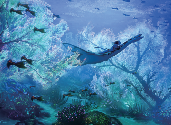  ‘일루’를 타고 야광 산호초가 뒤덮인 밤바다를 유영하는 영화 속 한 장면. 수많은 해양 생명체를 등장시켜 상상 속 판도라 행성의 바다를 완벽히 구현해냈다.