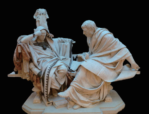 네로 황제(왼편)와 스승 세네카 동상. 세네카는 올바른 이성과 덕의 정치를 네로에게 당부했다. 사진 출처 위키미디어 커먼스