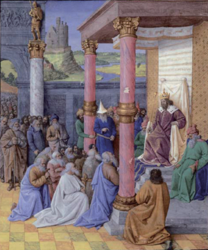 바빌로니아에 잡혀 있던 유대인을 해방하는 키루스 대왕. 장 푸케가 1470년 경 책에 그린 삽화. 사진 위키피디아