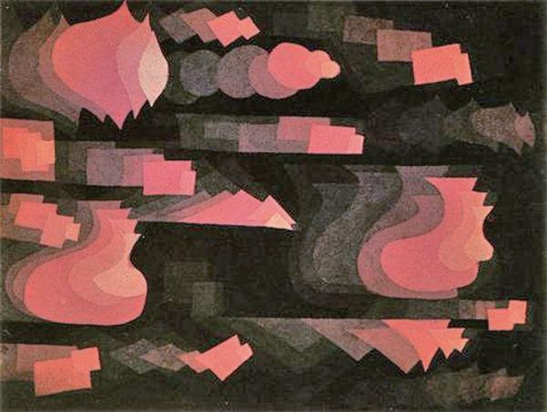 파울 클레, ‘붉은색의 푸가’, 1921년, 수채화, 24.4x31.5cm, 베른 파울클레센터 소장. 사진 위키아트